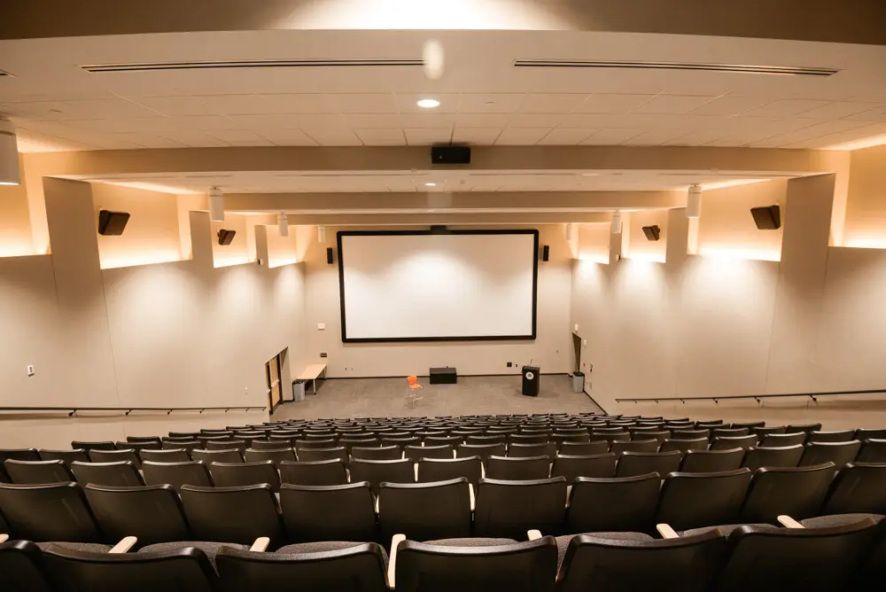 School auditorium with installed audio, lighting and projection